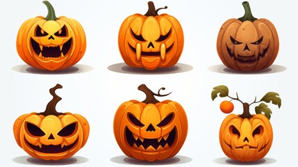 A variety of cartoon-style jack-o'-lanterns with different scary and funny expressions
