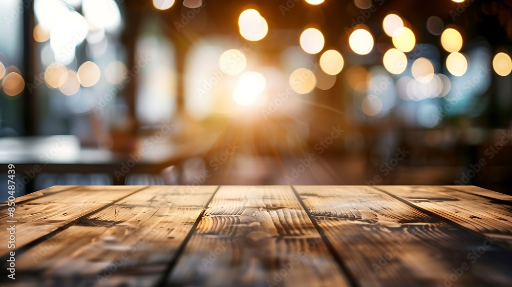 Poster empty wooden table and blurred background of abstract in front of restaurant or coffee shop for disp