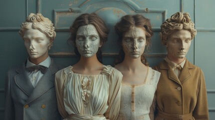 Naklejka premium Antique Statue Heads Blended with Men and Women in Vintage Attire