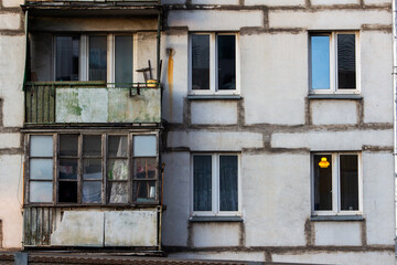 Old Khrushchev Moscow. Historic houses in the center of Russia. Facade of a residential building. Sight.