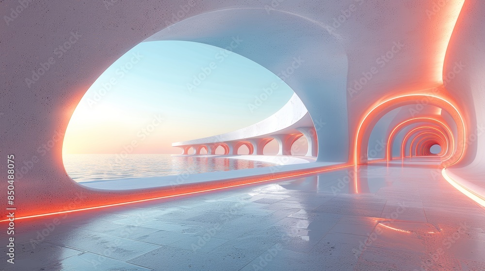 Poster futuristic architecture background with 3d rendered curves and illuminated pathways