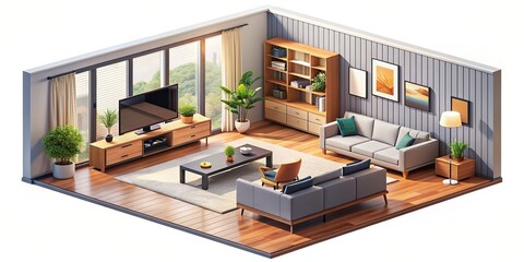 Isometric living room with modern interior design , isometric, living room, open space, interior architecture