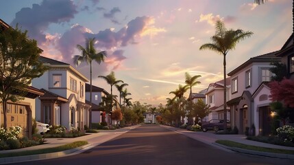 Fototapeta premium Cul de sac classic dead end street surrounded by luxury two story single family homes in a new residential East Coast USA real estate development neighborhood with dramatic colorful su : Generative AI