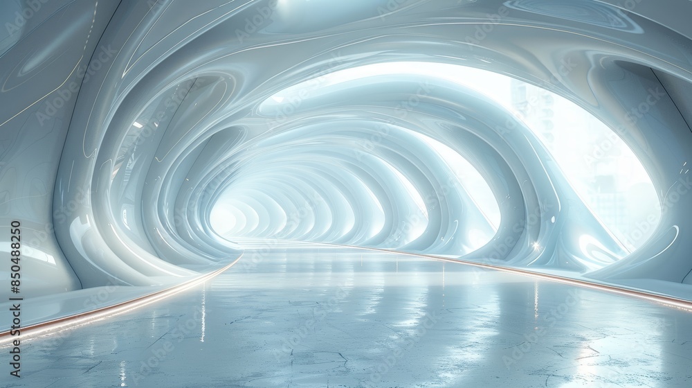 Poster futuristic architecture with curved white structures and a glowing pathway