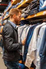 Fototapeta premium Man shopping for business attire in upscale mall for professional wardrobe upgrade