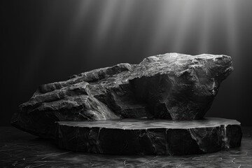 Dark stone platform with light beams, ideal for product display.