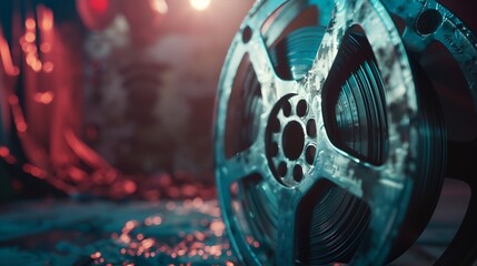 old film cinematic backdrop  loader film reel 35 mm with burned leaks background  old tv style vintage countdown loader overlay nostalgic wallpaper : Generative AI