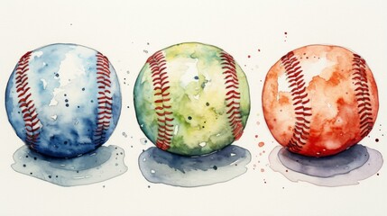 Three watercolor baseballs in blue, green, and red, with a whimsical artistic style