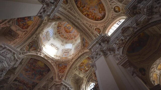 Details Of The Magnificent Interior Of St. Stephan's Cathedral In Passau, Germany. Low Angle Shot
