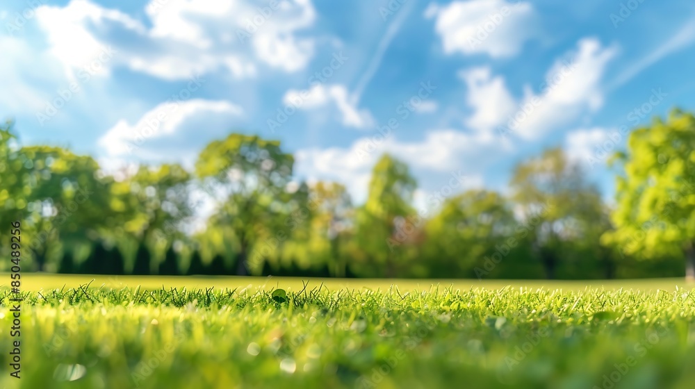 Aufkleber beautiful blurred background image of spring nature with a neatly trimmed lawn surrounded by trees a