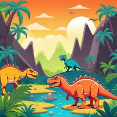 Naklejka premium a vibrant illustration of dinosaurs standing in a lush prehistoric jungle. Include a large mountain in the background.