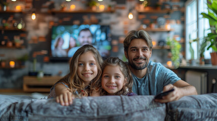 Fototapeta premium Happy Family Watching TV Together At Home, Smiling Father With Daughters