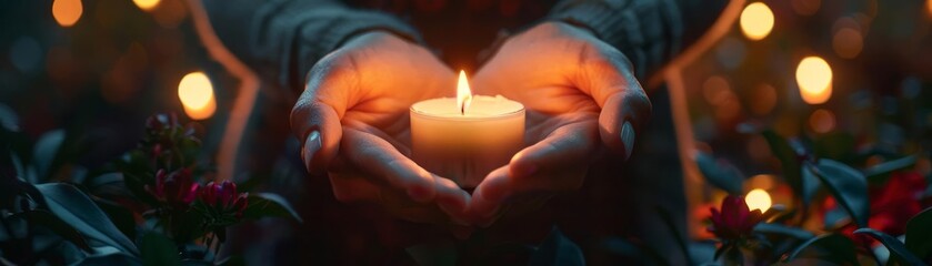 A closeup of hands cradling a lit candle, with soft candlelight illuminating the scene and creating a sense of peace and reflection