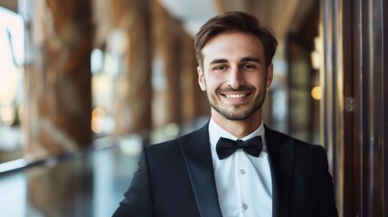 Fototapeta premium Adult male in a black suit and bowtie smiles confidently with an elegant interior backdrop