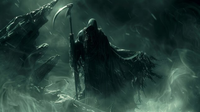 Eerie grim reaper emerging from smoke, reaching out on dark background with space for text