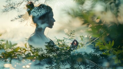 Human and nature with a double exposure image featuring a young woman practicing yoga against the backdrop of serene natural surroundings.