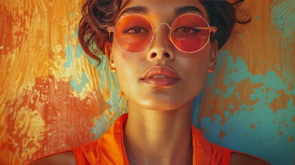 Obraz premium Era of the 70s with a retro collage featuring a portrait of a woman. Nostalgic charm of vintage aesthetics