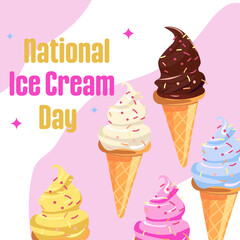 National Ice Cream Day card. Vector banner in flat cartoon style. Card  design template .