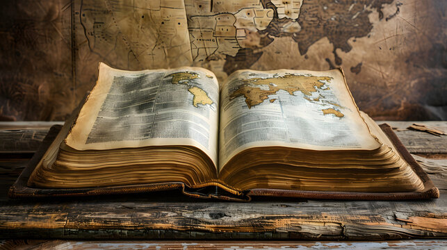 Unearthed Treasures Ancient Book and Map on Rustic Wooden Desk