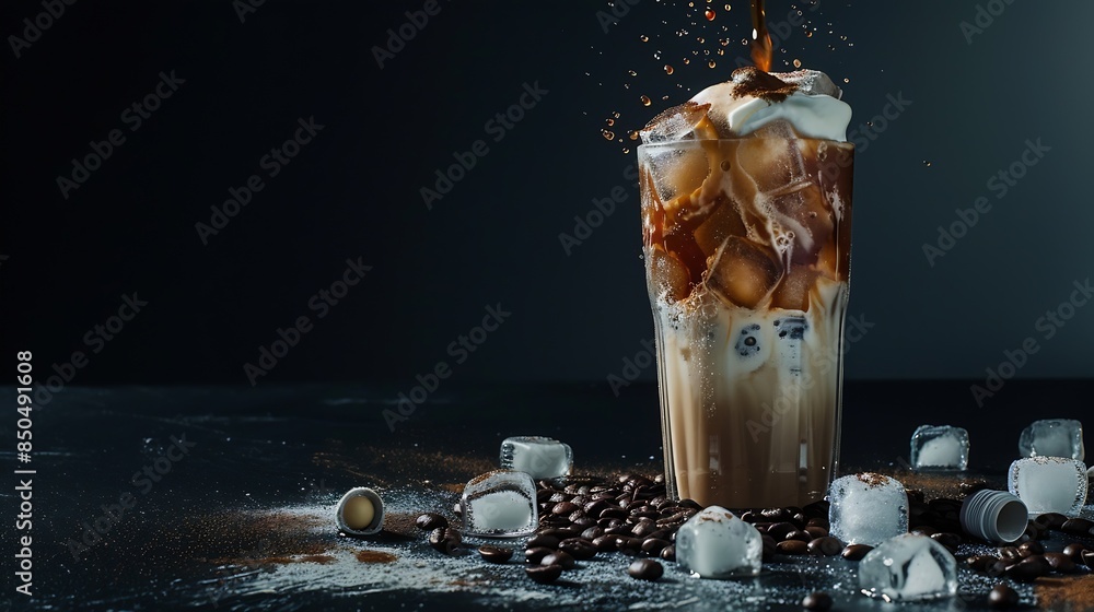 Aufkleber Ice coffee in a tall glass with cream poured over ice cubes and beans on a dark concrete table Cold summer drink with tubes on a black background with copy space : Generative AI