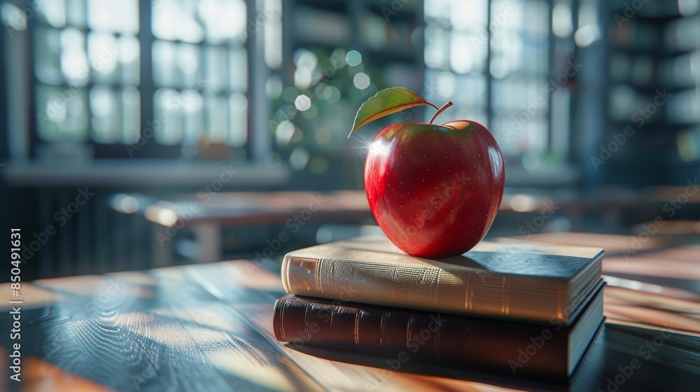 Aufkleber a red apple rests atop two books in a library setting