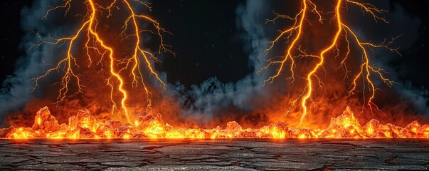 An illustration of two lightning bolts striking the ground, causing a fire on a foggy black background