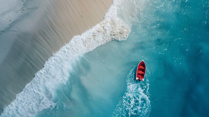 Top view red boat on the sea.