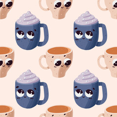 Vector hand drawn seamless pattern with cute cups of tea or coffee Smiling cups with hot drink Wrapping design
