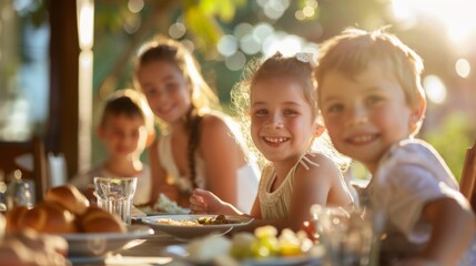 A group of smiling children having a delightful outdoor summer dinner with sunlight filtering through the background