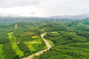 Aerial view tropical rain forest mountain river nature landscape