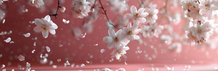 Fototapeta premium White Cherry Blossoms Falling on Pink Background