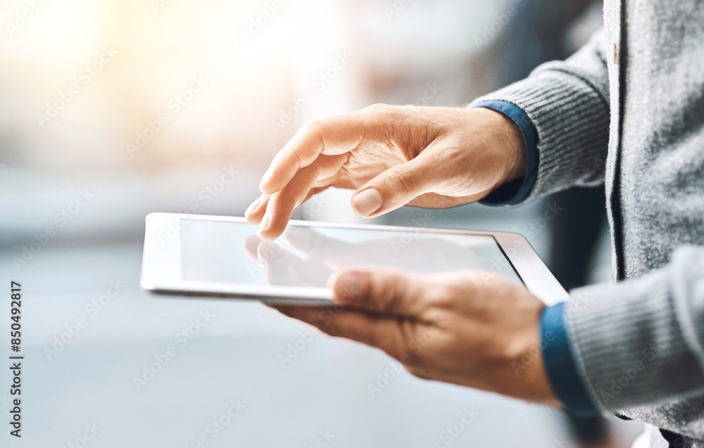 Aufkleber hands, research and tablet with business person closeup in office for administration or information.