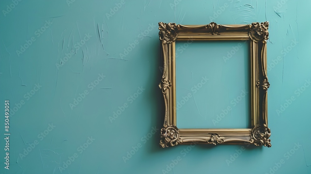 Poster vintage openwork bronze metal frame on a blue wall background empty picture frame mockup : generativ