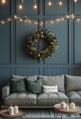 Festive Green Living Room Decor With Christmas Wreath and String Lights