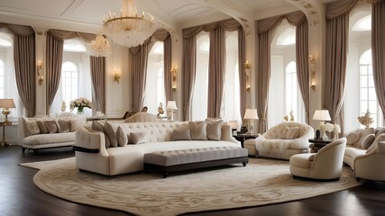 Large, opulent room featuring a bed, sofa, sitting area, lounge, and dining area