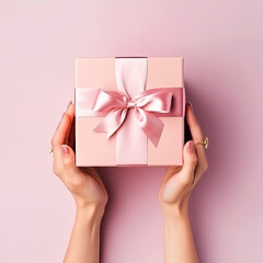Pink gift box with ribbon for birthdays, holidays, anniversaries, weddings, or Valentines Day. Gift box in woman's hands.