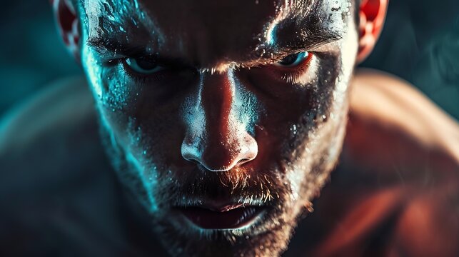 Conviction focused determined passionate confident powerful eyes stare intense athlete exercise trainer male : Generative AI