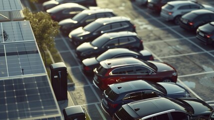A bright and sunny day at the parking lot with electric cars charging on solarpowered stations.
