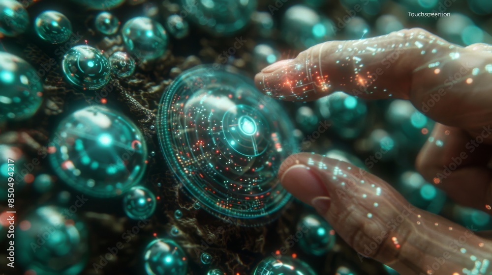 Poster touchscreen innovation illustrate a mans finger interacting with a high-tech touchscreen interface, 