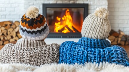 Create an illustration of a cozy living room with a crackling fireplace, where a couple snuggles on the couch under