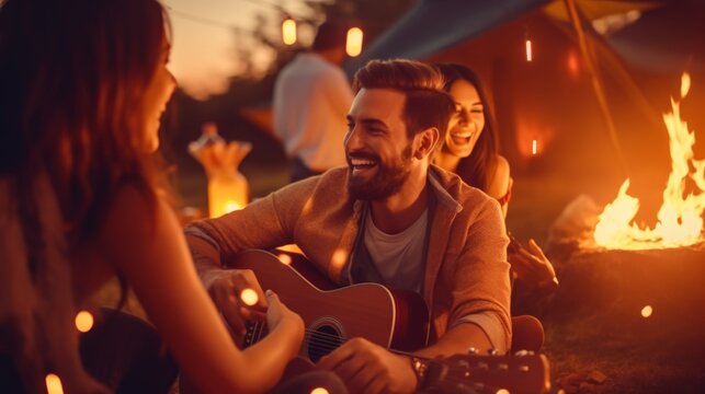 A man plays the guitar by a campfire, entertaining his group of friends during a relaxed outdoor evening gathering