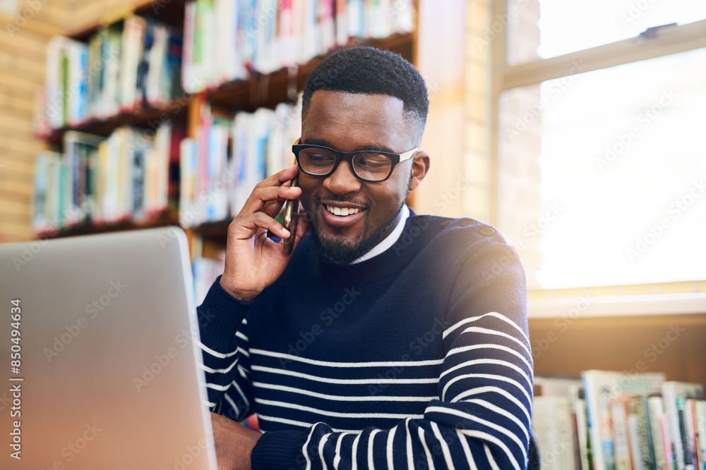 Poster happy, black man and laptop with phone call in library for university results, education and plannin