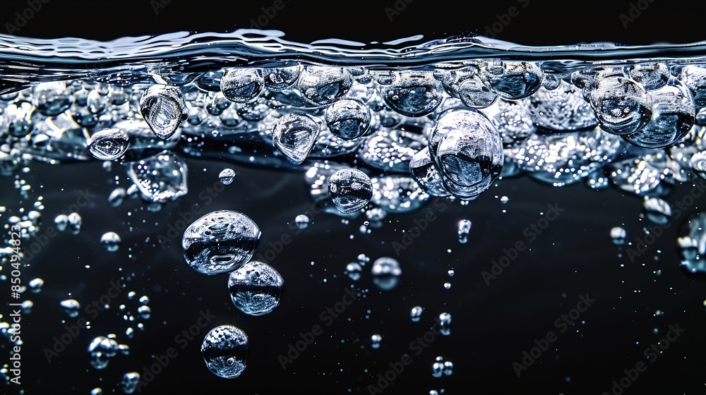 Poster slow motion air bubbles in water rising up to the surface on isolated black background slowmotion ai