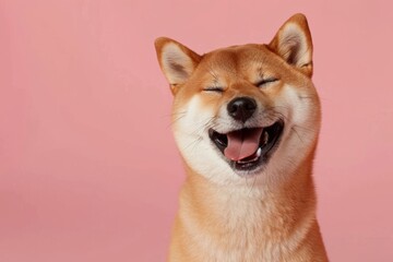 Joyful shiba inu dog smiling happily on soft pastel background with space for text