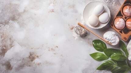 Ingredients essential for baking neatly arranged on a marble surface