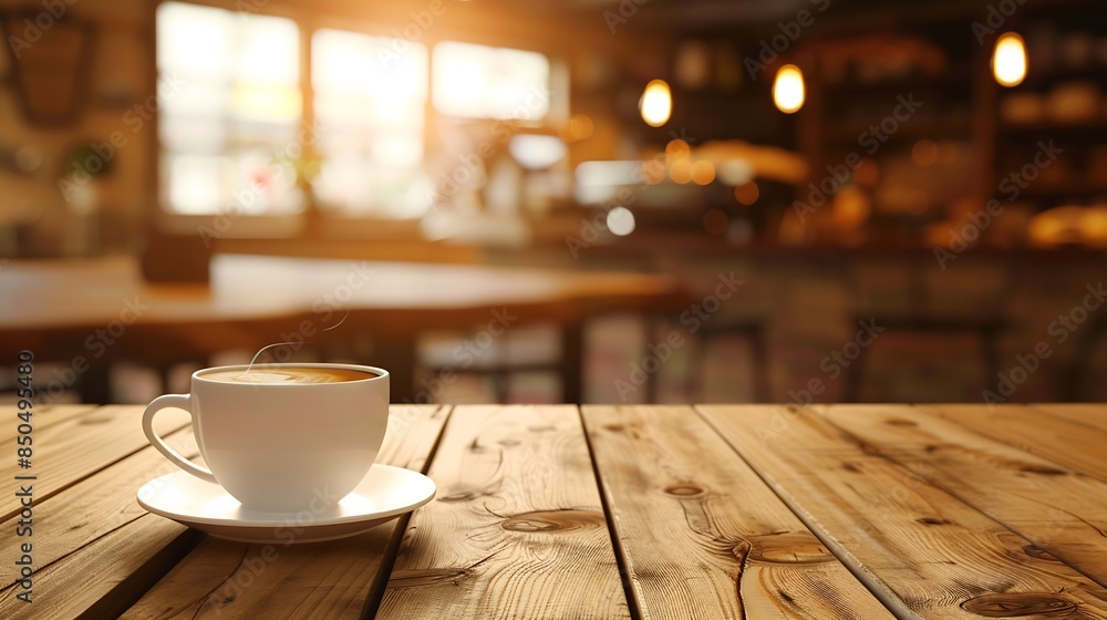 Poster Empty coffee table over defocused coffee shop background with copy space : Generative AI