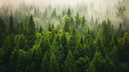 This image captures the lush greenery of a dense evergreen forest, with morning mist weaving through the trees creating a magical atmosphere