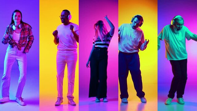 Collage. Different people, men and women of various age listening to music in headphones and dancing against multicolored background in neon. Concept of human emotions, facial expression, lifestyle