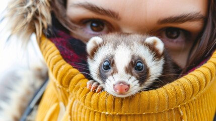 Woman with Ferret Peeking Out of Bag for Pet Care and Lifestyle Marketing Campaigns