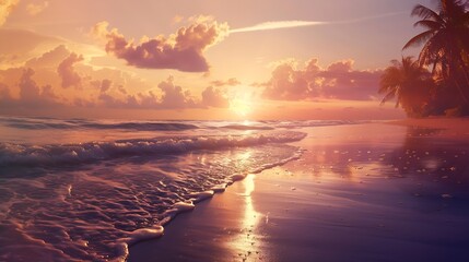 Fototapeta premium Beautiful panoramic sunset tropical paradise beach Tranquil summer vacation or holiday landscape Tropical sunset beach seaside palm calm sea panorama exotic nature view inspirational s : Generative AI